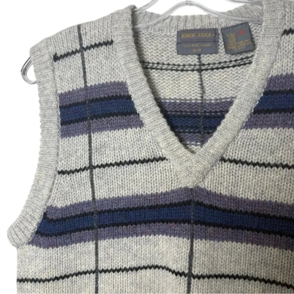 Vintage Wool Striped Sweater Vest Size Small Grey Blue Purple 80s Deadstock NWT